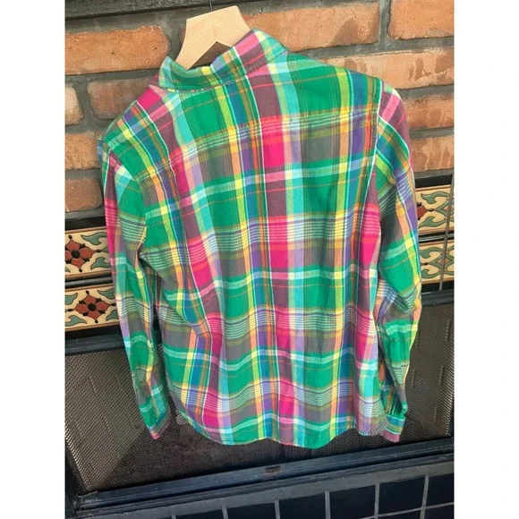 Ralph Lauren Tomboy Preppy Plaid Button Up Lite Flannel 10 Pink Green - Picture 7 of 7
